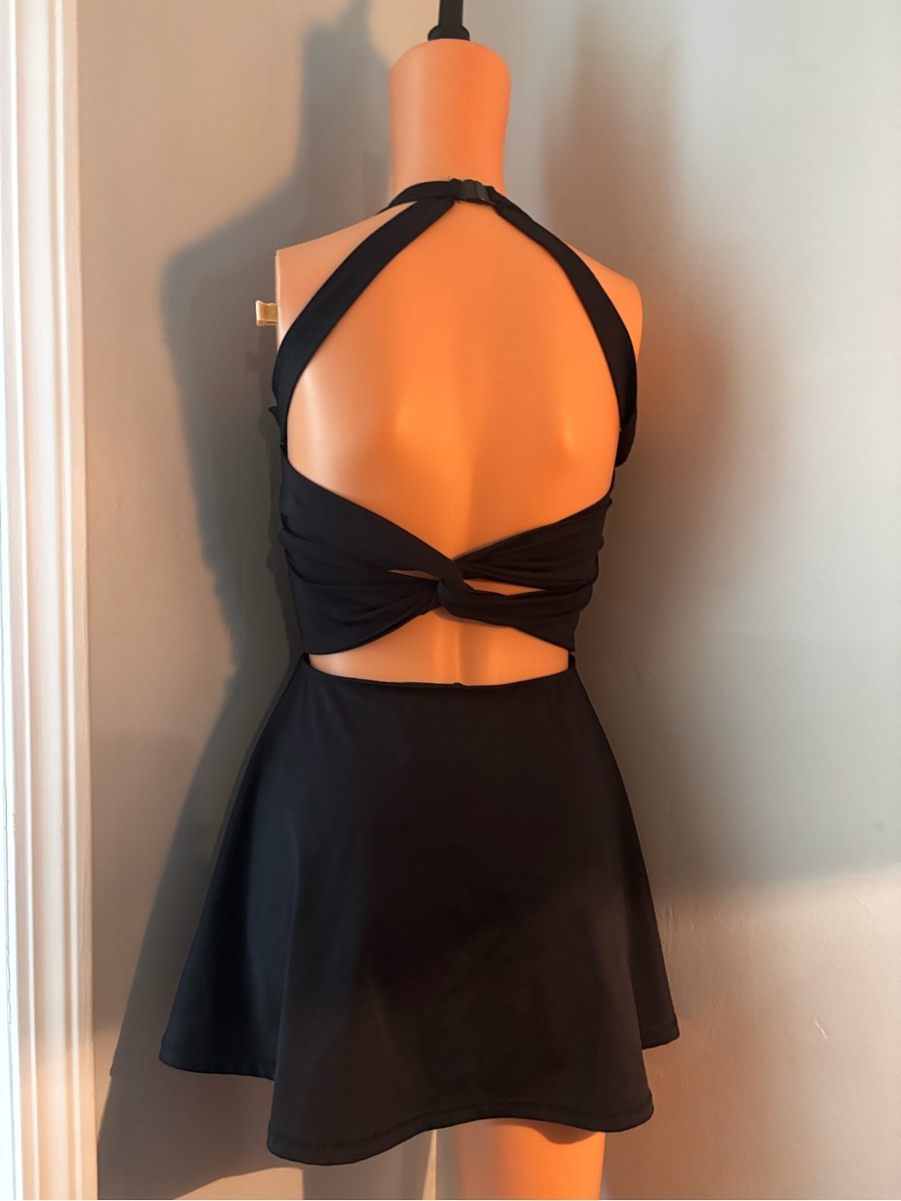 Black Halter Skater romper Dress with Twist Back